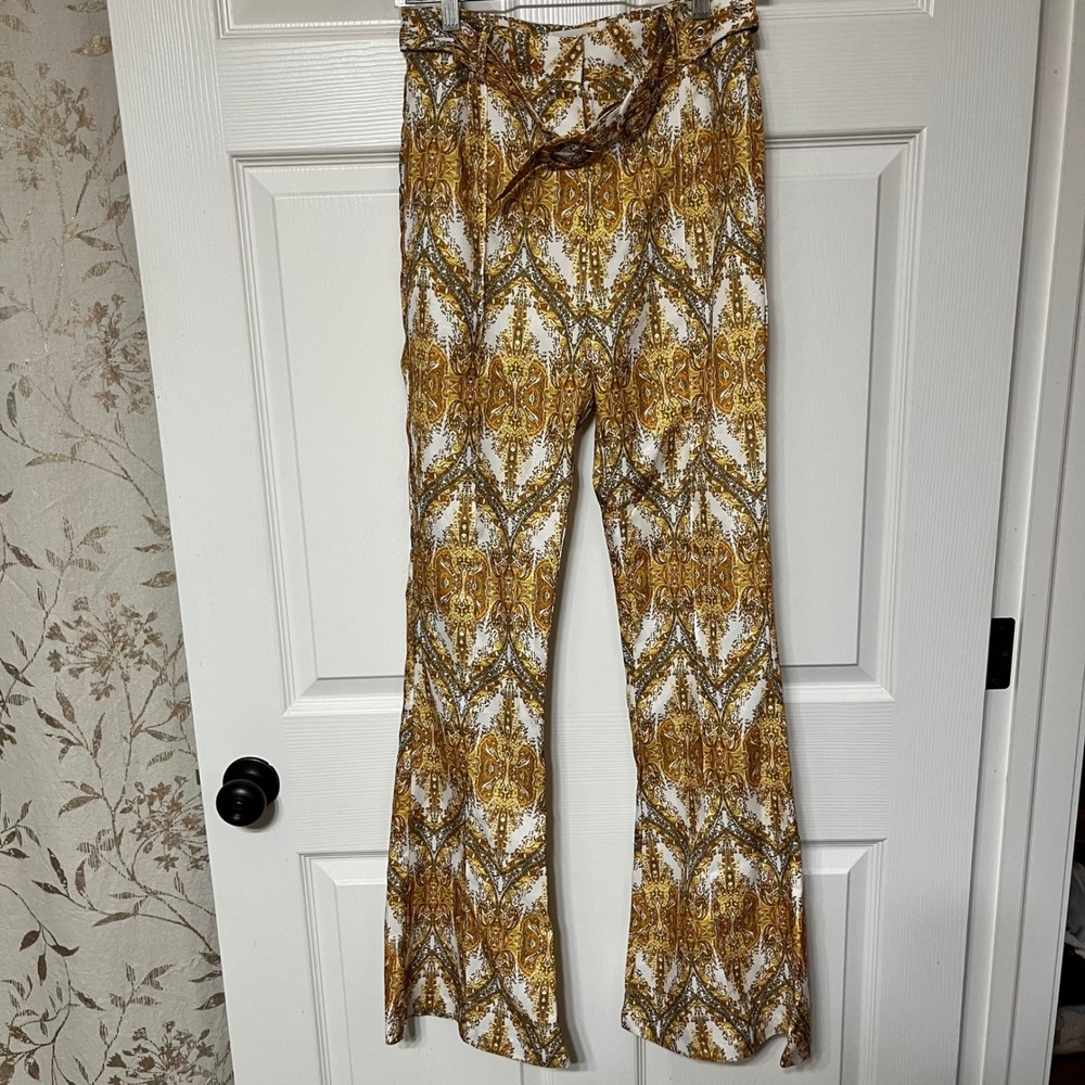 L'ATISTE BY AMY Women's Small Paisley Print High Waist‎ Wide Leg Belted Pants